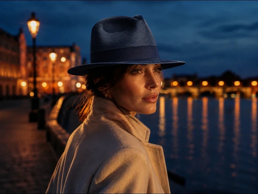 Chapeau Panama Fedora Bleu Marine — Ruban Bleu Marine en paille toquilla authentique
